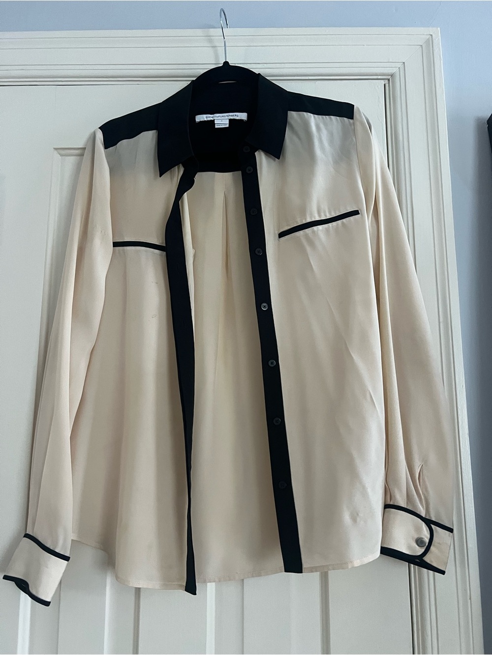 Diane Von Furstenberg Cream and Black Contrast Silk Blouse